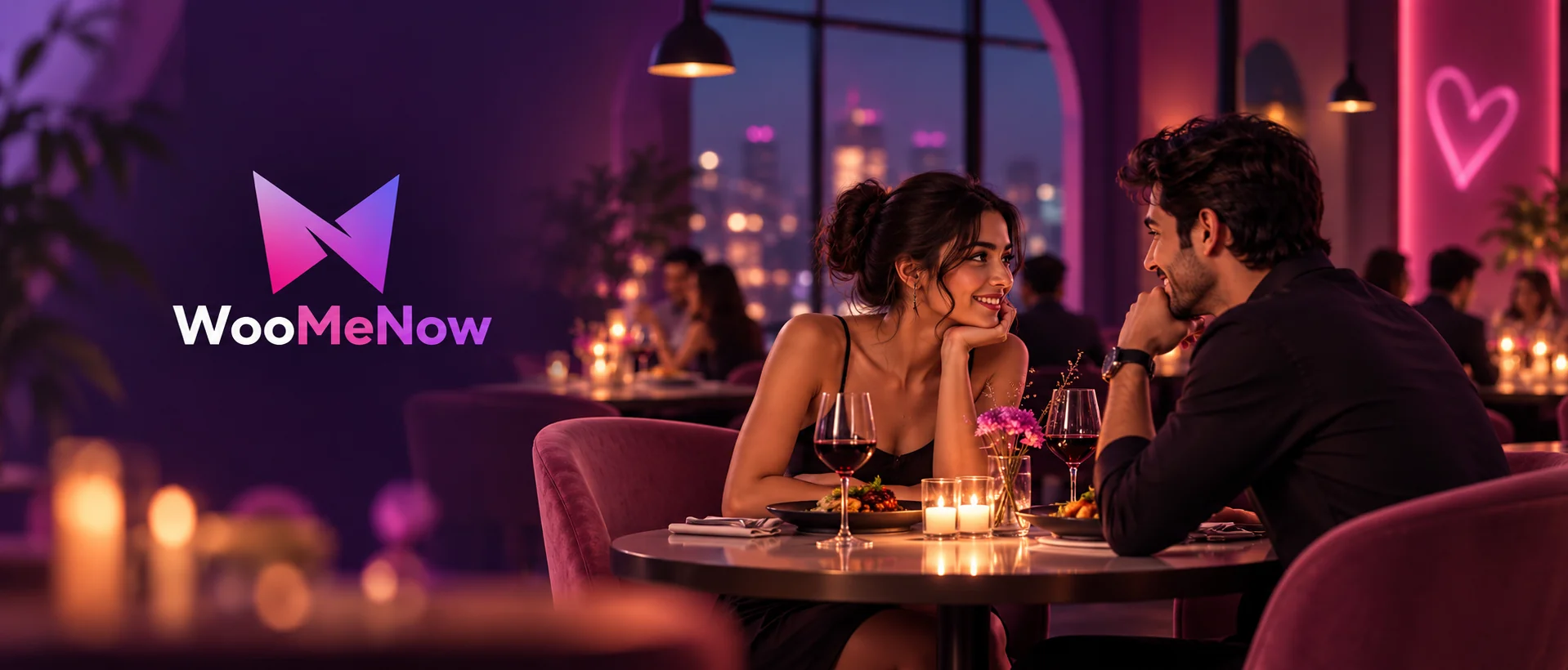 WooMeNow: a couple at dinner, the brand mark beside them